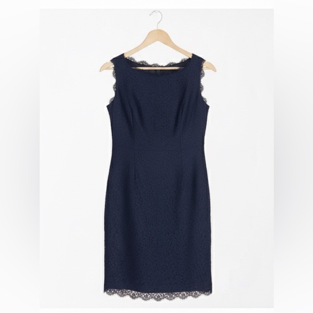 ADRIANNA PAPELL Short Navy Blue Sleeveless Lace Mini Dress with Scalloped Hem
